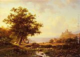 Frederik Marianus Kruseman Famous Paintings - An Extensive River Landscape With A Castle On A Hill Beyond